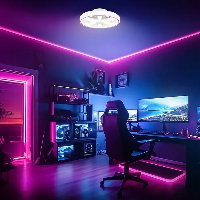 Briloner Ventilador de techo Air - Blanco, 48 cm, 48,5 W, RGB - Lámpara de techo redonda blanca con acentos LED rosas iluminando una sala de juegos moderna con tiras LED a juego.