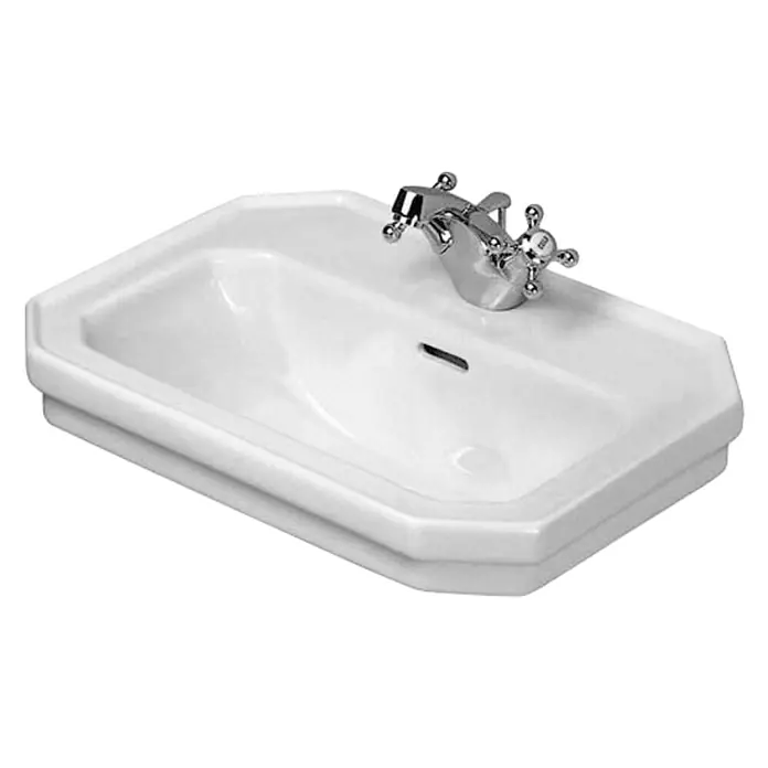 Duravit 1930 Waschbecken - 50 x 36,5 cm, Ohne Spezialglasur, Hahnloch: Mitte, Mit Überlauf, Weiß - Weißes Waschbecken mit verziertem Chromwasserhahn für ein elegantes Badezimmer-Design.