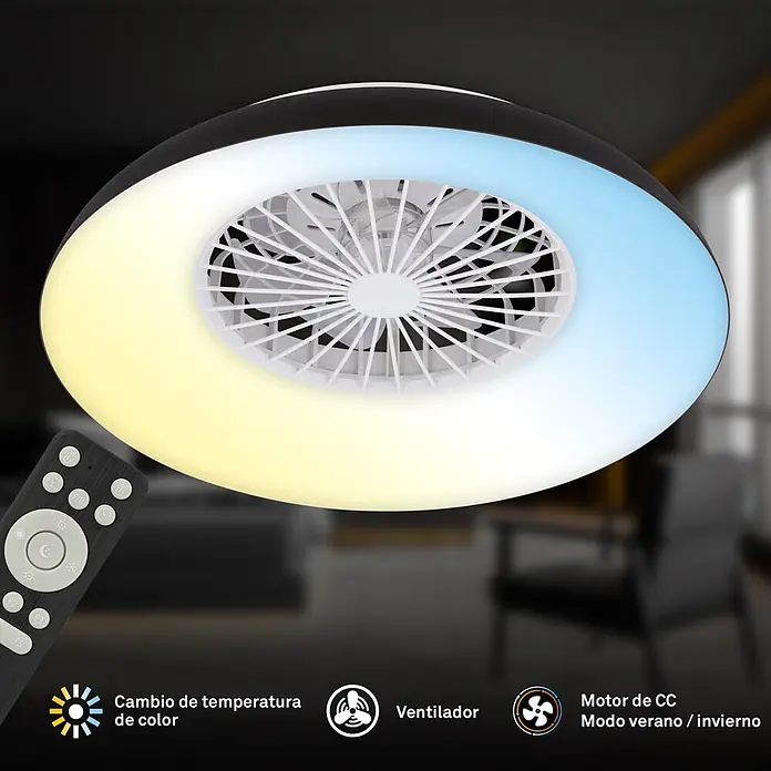 Briloner Ventilador de techo Windora - Blanco/Negro, 36 W, 60 cm, Blanco frío - Ventilador de techo redondo con luz LED integrada (gradiente amarillo-azul), rejilla blanca, anillo negro y mando a distancia.