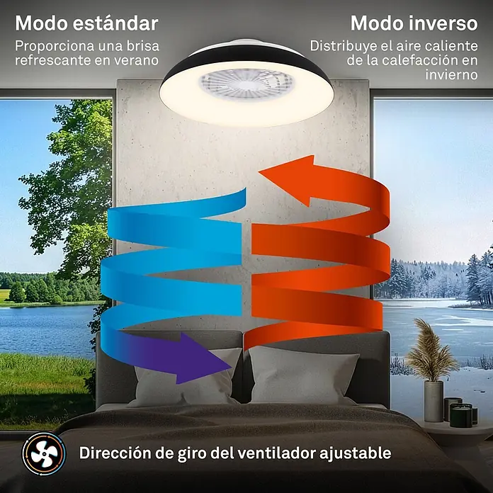Briloner Ventilador de techo Windora - Blanco/Negro, 36 W, 60 cm, Blanco frío - Ventilador de techo blanco y negro con luz, que demuestra el flujo de aire para refrigeración en verano y calefacción en invierno en un dormitorio.