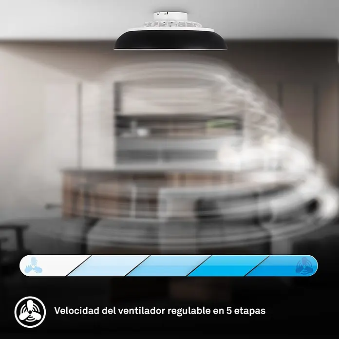 Briloner Ventilador de techo Windora - Blanco/Negro, 36 W, 60 cm, Blanco frío - Ventilador de techo blanco y negro con luz integrada, instalado, mostrando 5 niveles de velocidad ajustables.