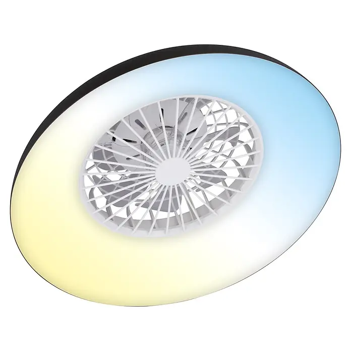 Briloner Ventilador de techo Windora - Blanco/Negro, 36 W, 60 cm, Blanco frío - Ventilador de techo ovalado con rejillas blancas, aspas transparentes y anillo de luz LED de amarillo a azul.