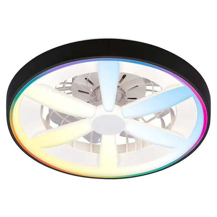 Briloner Ventilador de techo Air - Negro, 48 cm, 48,5 W, RGB - Ventilador de techo redondo con borde negro y aspas blancas, con iluminación LED multicolor.