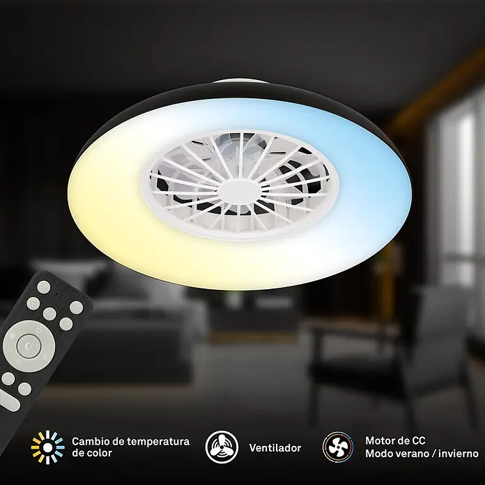 Briloner Ventilador de techo Windora - Blanco/Negro, 24 W, 48,5 cm, Blanco frío - Ventilador de techo redondo con luz LED integrada de degradado amarillo-azul, mostrado en un entorno de habitación borroso con mando.