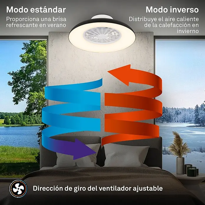 Briloner Ventilador de techo Windora - Blanco/Negro, 24 W, 48,5 cm, Blanco frío - Ventilador de techo blanco y negro con luz integrada, ilustrando la rotación ajustable para refrigeración de verano y distribución de calor en invierno.