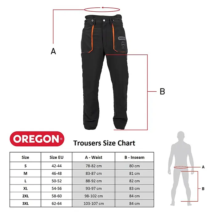 Oregon Pantalones resistentes al corte Yukon - S, Negro/Naranja, Unisex - Pantalones de trabajo negros Oregon con detalles naranjas y tabla de tallas detallada para cintura y entrepierna.