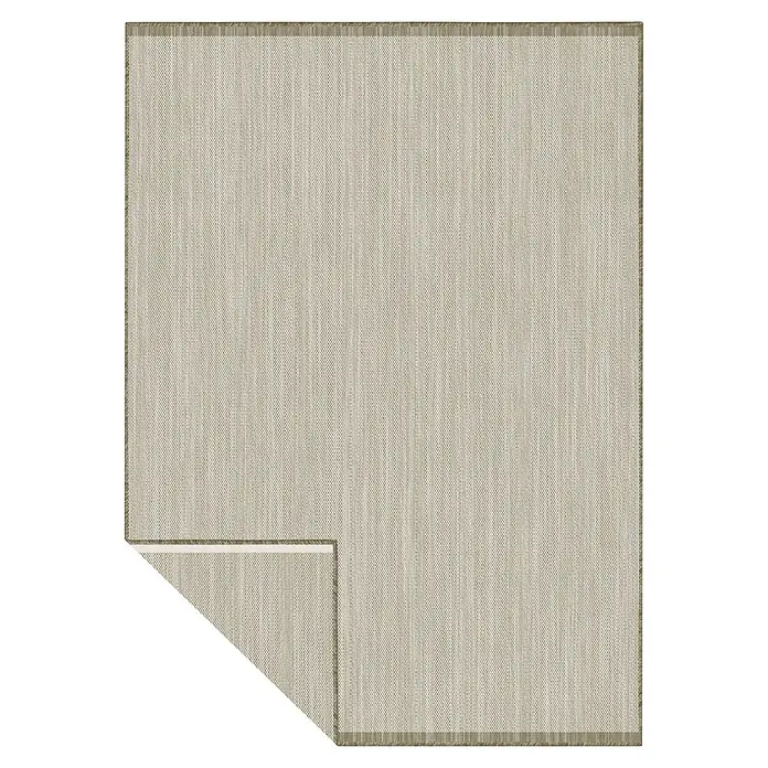 Alfombra exterior reversible In/Out Niebla - Beige, 230 x 160 cm, Polipropileno - Alfombra rectangular tejida de color beige claro con una esquina doblada que revela el dobladillo.