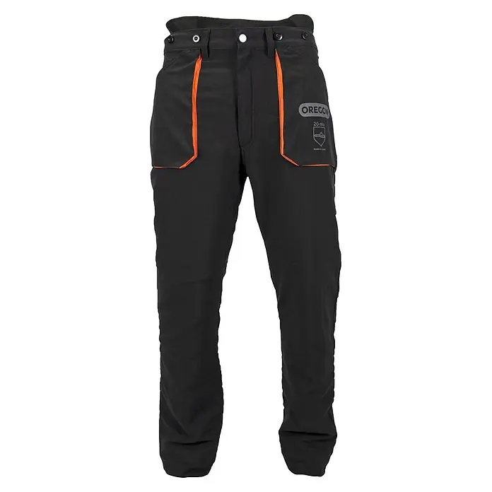 Oregon Pantalones resistentes al corte Yukon - S, Negro/Naranja, Unisex - Pantalones de trabajo negros Oregon con detalles naranjas y protección motosierra de 20 m/s.