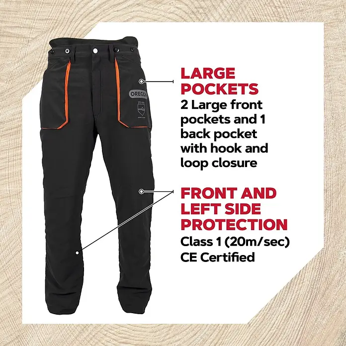 Oregon Pantalones resistentes al corte Yukon - S, Negro/Naranja, Unisex - Pantalones negros de protección anticorte con ribetes naranjas, bolsillos grandes y protección frontal, sobre fondo de madera.