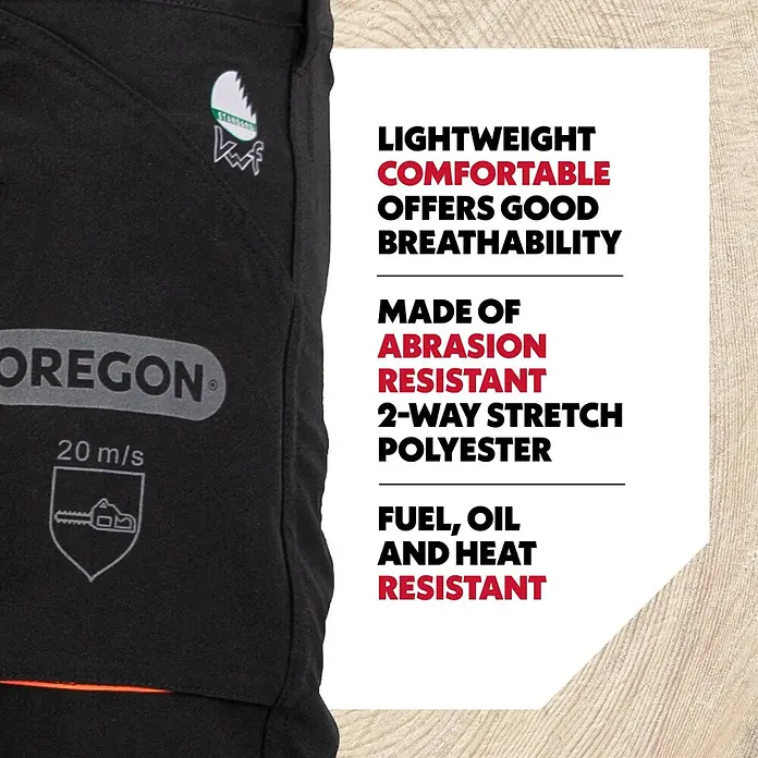Oregon Pantalones resistentes al corte Yukon - S, Negro/Naranja, Unisex - Pantalones de trabajo Oregon negros, ligeros, cómodos y transpirables. De poliéster elástico bidireccional, resistente a la abrasión, combustible, aceite y calor.