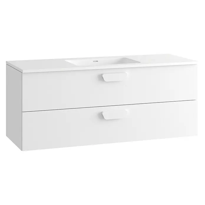Mueble bajo de lavabo Sofia 2C - L x An x Al: 46 x 120 x 50 cm, Blanco brillo - Mueble de baño blanco con lavabo integrado y dos cajones con tiradores.