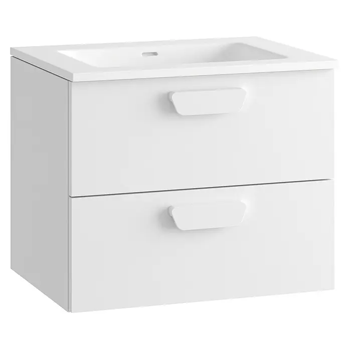 Mueble bajo de lavabo Sofia 2C - L x An x Al: 46 x 60 x 50 cm, Blanco mate - Mueble de baño blanco con lavabo integrado y dos cajones con tiradores discretos.