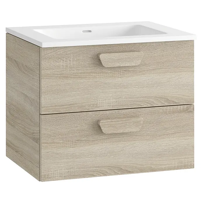 Mueble bajo de lavabo Sofia 2C - L x An x Al: 46 x 60 x 50 cm, Roble bardolino - Mueble de baño efecto roble claro con lavabo blanco integrado y dos cajones.