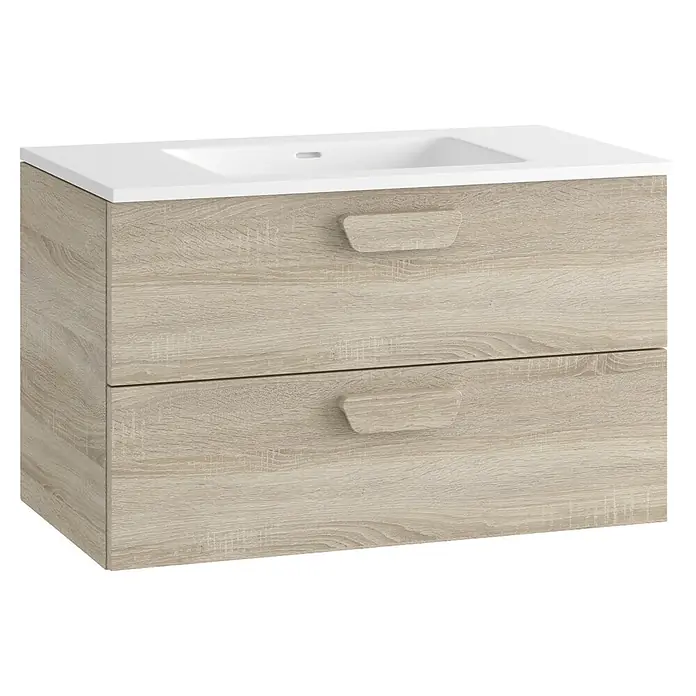 Mueble bajo de lavabo Sofia 2C - L x An x Al: 46 x 80 x 50 cm, Roble bardolino - Mueble de baño con aspecto de madera clara, lavabo blanco integrado y dos cajones con tiradores.