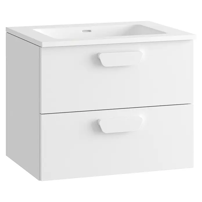 Mueble bajo de lavabo Sofia 2C - L x An x Al: 46 x 60 x 50 cm, Blanco brillo - Mueble de baño blanco con lavabo integrado y dos cajones con tiradores empotrados.