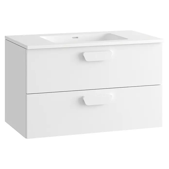 Mueble bajo de lavabo Sofia 2C - L x An x Al: 46 x 80 x 50 cm, Blanco brillo - Mueble de baño blanco con lavabo integrado y dos cajones, con tiradores sencillos y modernos.