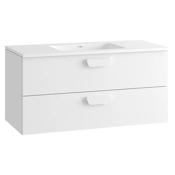 Mueble bajo de lavabo Sofia 2C - L x An x Al: 46 x 100 x 50 cm, Blanco brillo - Mueble de baño blanco con lavabo de cerámica integrado y dos cajones con tiradores modernos.