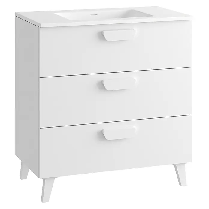 Mueble bajo de lavabo Sofía - L x An x Al: 46 x 80 x 84 cm, Blanco mate - Mueble de baño blanco con lavabo integrado, tres cajones y patas cónicas.