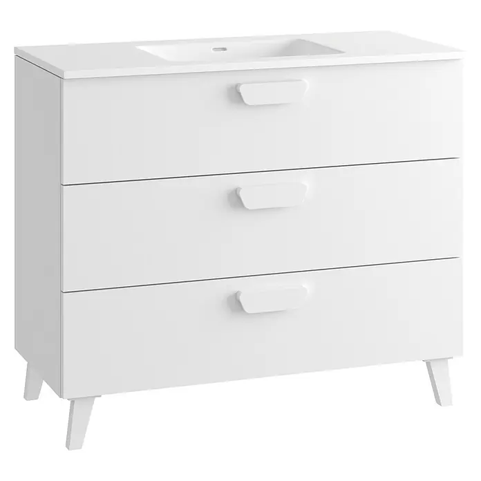 Mueble bajo de lavabo Sofía - L x An x Al: 46 x 100 x 84 cm, Blanco mate - Mueble de baño blanco con lavabo integrado, 3 cajones y patas cónicas.