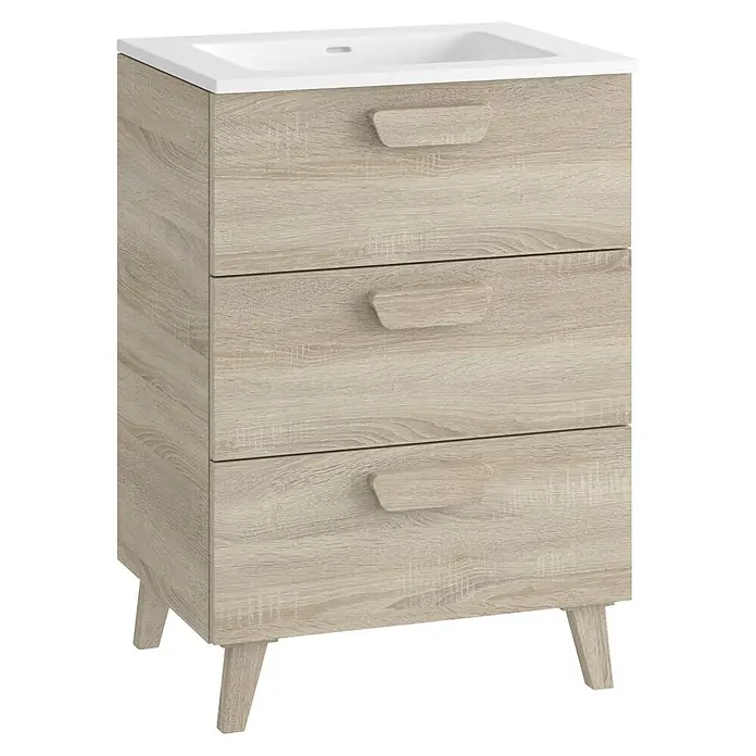 Mueble bajo de lavabo Sofía - L x An x Al: 46 x 60 x 84 cm, Roble bardolino - Mueble de baño efecto madera clara con lavabo de cerámica blanca, tres cajones con tiradores integrados y patas cónicas.