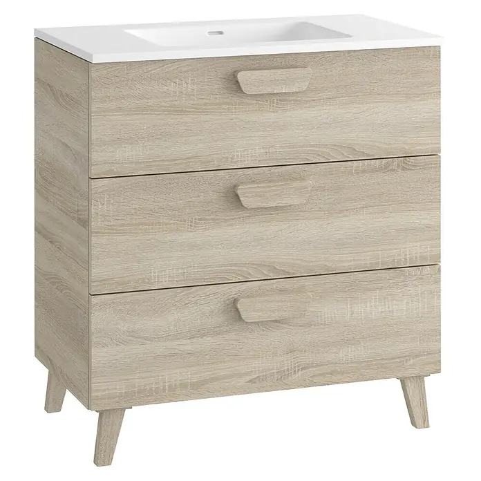 Mueble bajo de lavabo Sofía - L x An x Al: 46 x 80 x 84 cm, Roble bardolino - Mueble de baño de madera clara con lavabo blanco, tres cajones y patas cónicas.