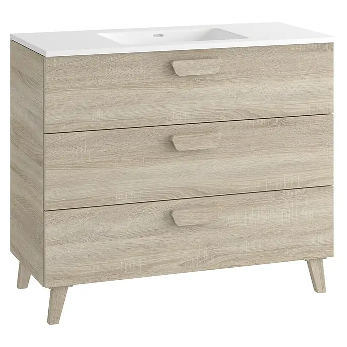 Mueble bajo de lavabo Sofía - L x An x Al: 46 x 100 x 84 cm, Roble bardolino - Mueble de baño de madera clara con lavabo blanco y tres cajones, sobre patas cónicas.
