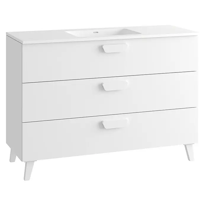 Mueble bajo de lavabo Sofía - L x An x Al: 46 x 120 x 84 cm, Blanco brillo - Mueble de baño blanco con lavabo integrado, tres cajones y patas sutiles.