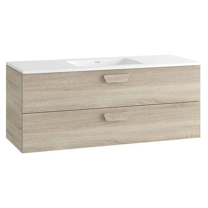 Mueble bajo de lavabo Sofia 2C - L x An x Al: 46 x 120 x 50 cm, Roble bardolino - Mueble de baño de madera clara con lavabo blanco integrado y dos cajones.