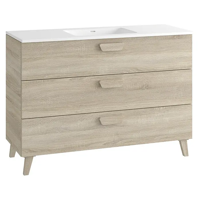 Mueble bajo de lavabo Sofía - L x An x Al: 46 x 120 x 84 cm, Roble bardolino - Mueble de baño de madera clara con lavabo blanco, tres cajones con tiradores integrados y patas cónicas.