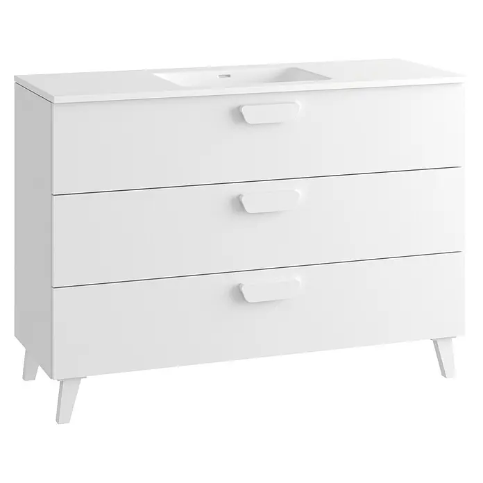 Mueble bajo de lavabo Sofía - L x An x Al: 46 x 120 x 84 cm, Blanco mate - Mueble de baño blanco con lavabo integrado, tres cajones y tiradores modernos.