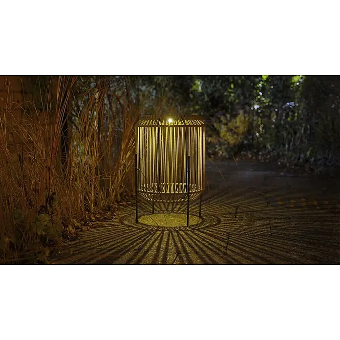 BAUHAUS Solar-Dekoleuchte Laterne - 0,06 W, L x B x H: 43,5 x 43,5 x 61 cm, Anthrazit, IP44 - Zylindrische Gartenlaterne aus Holzlatten wirft komplizierte Schatten auf den Boden zwischen hohem Gras bei Nacht.