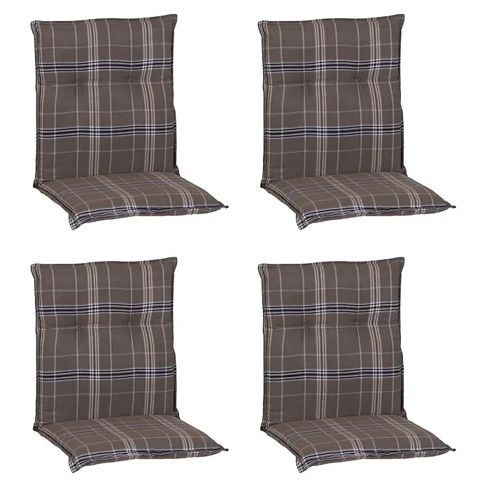 beo Gartenmöbel-Auflage Brilon - Niederlehner, 4 Stk., L x B x H: 98 x 46 x 8 cm, Baumwolle, Polyester, Braun/Schwarz - Vier grau-braune karierte Stuhlkissen für Sitz und Rücken mit weißen und schwarzen Linien.