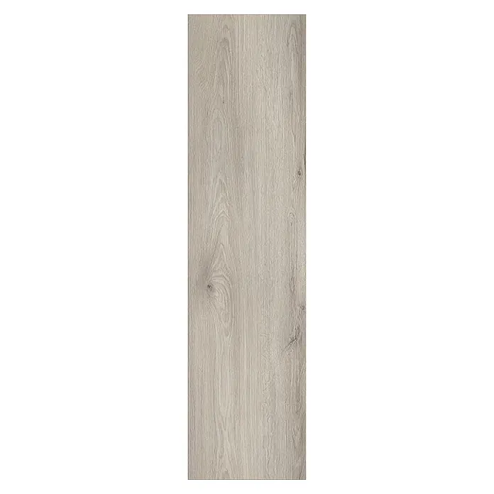 Krono Original Laminat Atlantic 7 - Dove Cantal Oak, Landhausdiele, 1.288 x 245 x 7 mm - Hellgraue Holzoptik-Diele mit sichtbarer Maserung und Ästen, geeignet für Boden- oder Wandverkleidung.