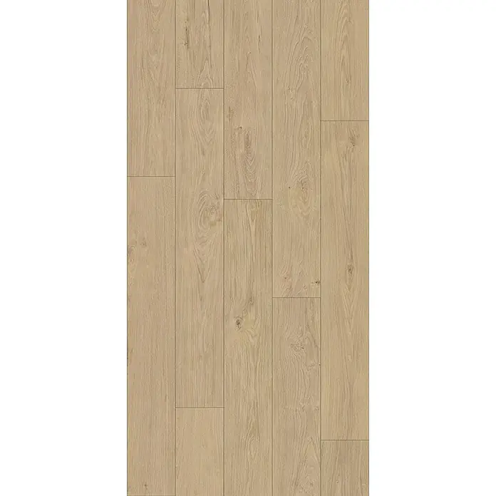 Krono Original Laminat Atlantic 8 - Blonde Montanara Oak, Landhausdiele, 1.288 x 195 x 8 mm - Heller Holzfußboden aus Dielen mit natürlicher Maserung und Ästen, im Versatz verlegt.