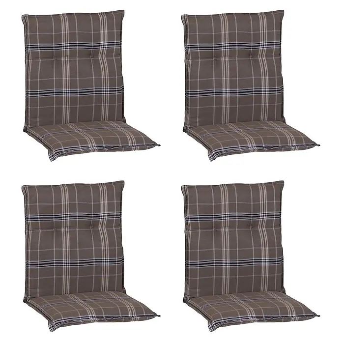 beo Gartenmöbel-Auflage Brilon - Niederlehner, 4 Stk., L x B x H: 98 x 46 x 8 cm, Baumwolle, Polyester, Braun/Schwarz - Vier graue karierte Stuhlkissen.