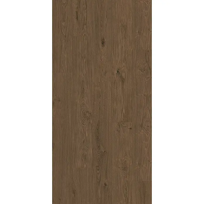 Krono Original Laminat Atlantic 8 - Dark Montanara Oak, Landhausdiele, 1.288 x 195 x 8 mm - Dunkelbrauner Holzparkettboden mit sichtbarer Maserung und Ästen.