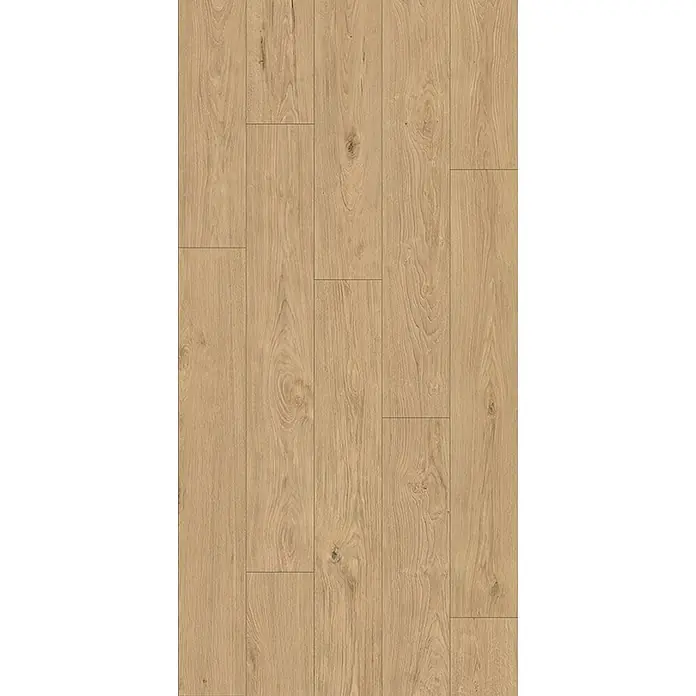 Krono Original Laminat Atlantic 8 - Smoked Montanara Oak, Landhausdiele, 1.288 x 195 x 8 mm - Helle Holzoptik-Bodenplanken mit natürlicher Maserung und einigen kleinen Ästen.