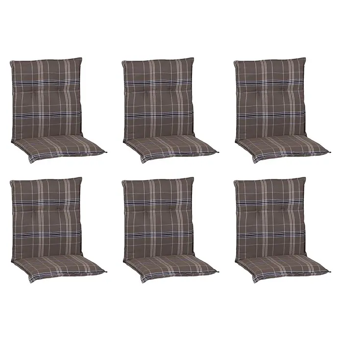 beo Gartenmöbel-Auflage Brilon - Niederlehner, 6 Stk., L x B x H: 98 x 46 x 8 cm, Baumwolle, Polyester, Braun/Schwarz - Sechs graue karierte Gartenstuhlauflagen mit Knopfheftung.