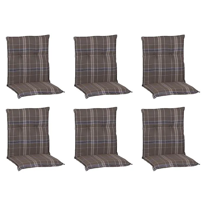 beo Gartenmöbel-Auflage Brilon - Niederlehner, 6 Stk., L x B x H: 98 x 46 x 8 cm, Baumwolle, Polyester, Braun/Schwarz - Sechs graue karierte Hochlehner-Stuhlkissen mit Knopfheftung.