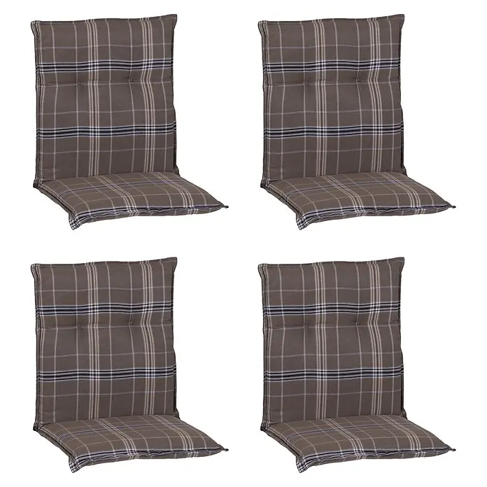 beo Gartenmöbel-Auflage Brilon - Niederlehner, 4 Stk., L x B x H: 98 x 46 x 8 cm, Baumwolle, Polyester, Braun/Schwarz - Vier karierte Stuhlkissen mit braunen, weißen und schwarzen Streifen.