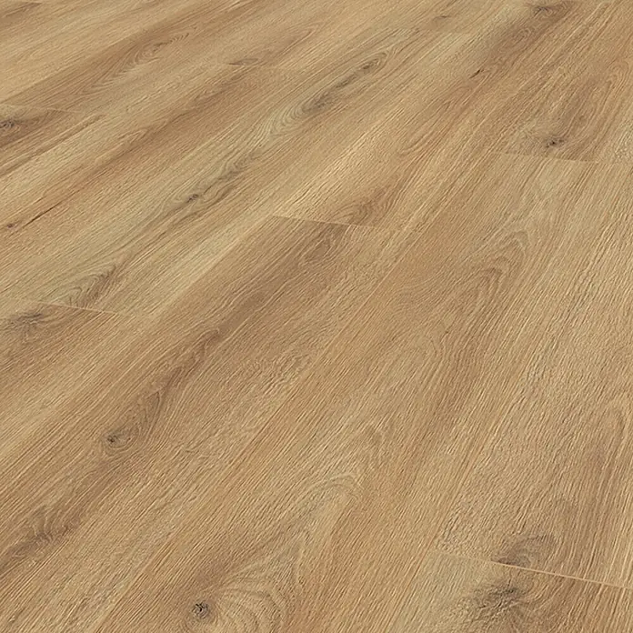 Krono Original Laminatmuster Atlantic 7 - Sand Cantal Oak, 297 x 195 x 7 mm, Landhausdiele - Helle Eichenlaminatdielen mit sichtbarer Holzmaserung und Ästen.