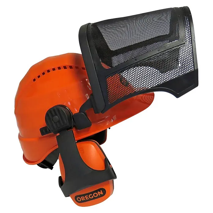 Oregon Forst-Schutzhelm Waipoua - Universal - Oranger Schutzhelm mit schwarzem Drahtgittervisier und integriertem Gehörschutz.