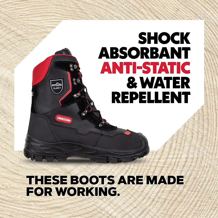 Oregon Botas de seguridad Yukon - Talla de pie: 42, Negro, Piel - Bota de seguridad Oregon robusta, negra y roja, amortiguadora, antiestática e hidrófuga, protección clase 1 para trabajos exigentes.