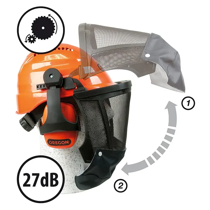 Oregon Forst-Schutzhelm Waipoua - Universal - Oranger Schutzhelm mit 27dB Lärmschutz-Ohrenschützern und verstellbarem Netzvisier für Kopf-, Gehör- und Gesichtsschutz.