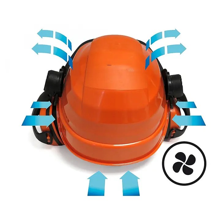 Oregon Forst-Schutzhelm Waipoua - Universal - Orangefarbener Schutzhelm mit Gehörschutz und blauen Pfeilen, die die Belüftung anzeigen.