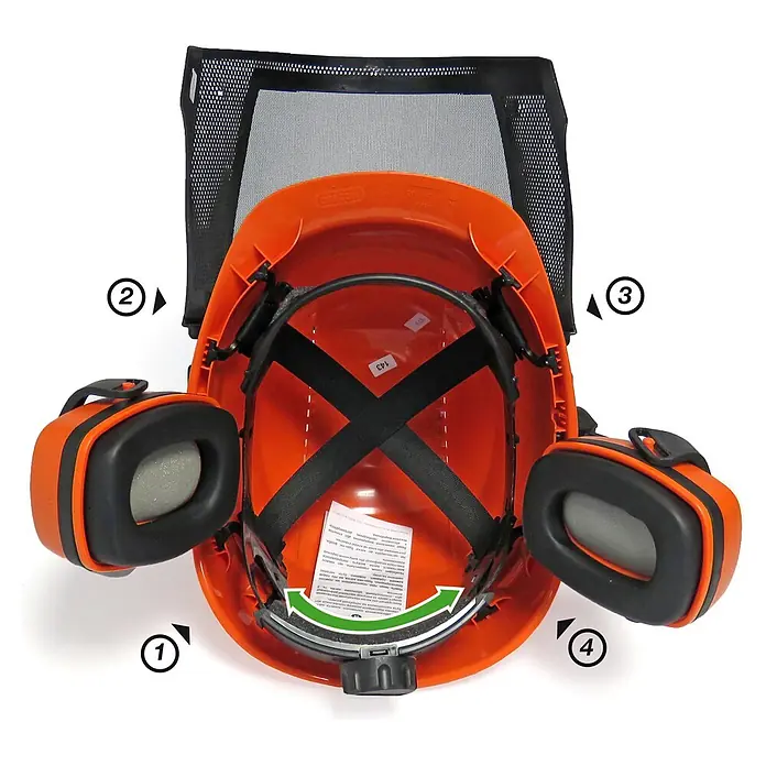 Oregon Forst-Schutzhelm Waipoua - Universal - Orangefarbener Schutzhelm mit schwarzem Gehörschutz und Gittervisier, von innen gesehen.