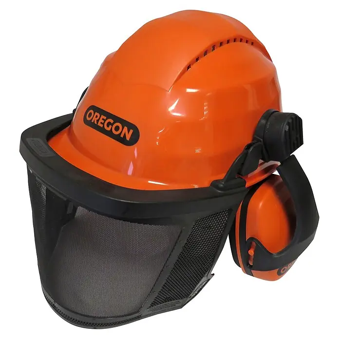 Oregon Forst-Schutzhelm Waipoua - Universal - Oranger Forsthelm aus Kunststoff mit schwarzem Netzvisier und integriertem Gehörschutz.