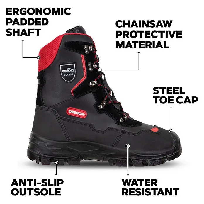 Oregon Botas de seguridad Yukon - Talla de pie: 42, Negro, Piel - Bota de seguridad Oregon negra y roja con puntera de acero, suela antideslizante, resistente al agua y caña ergonómica.