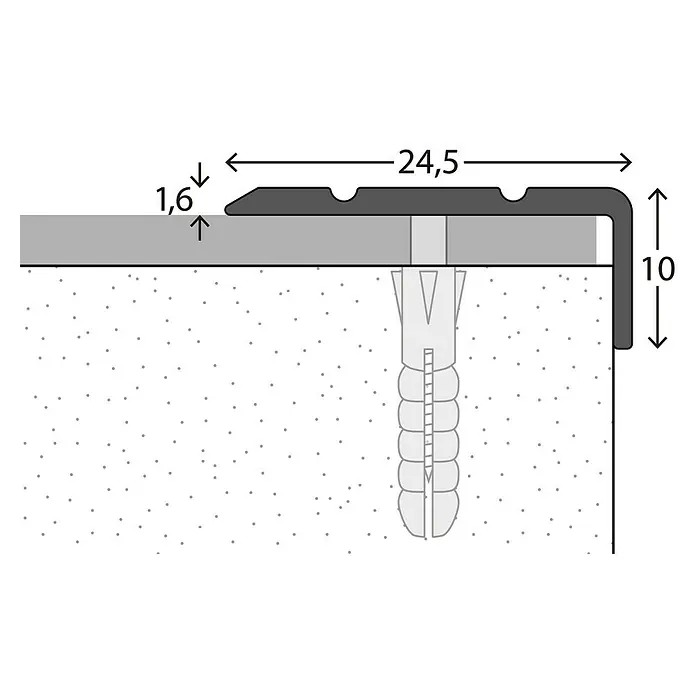 LOGOCLIC Winkelprofil 160 - Silber, 1 m x 24,5 mm x 10 mm, Montageart: Schrauben - Detailaufnahme eines schwarzen Kantenprofils mit den Maßen 24,5 x 1,6 x 10 cm, befestigt mit Dübel und Schraube.