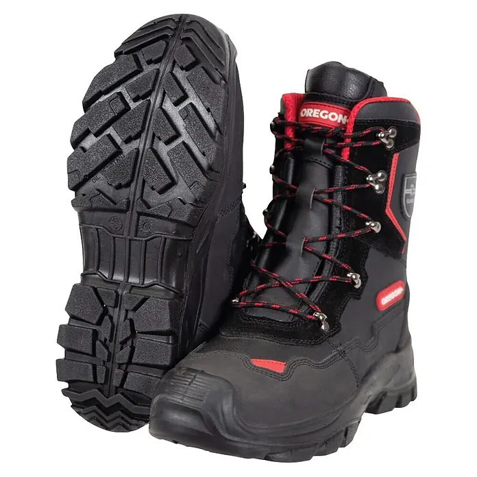 Oregon Botas de seguridad Yukon - Talla de pie: 42, Negro, Piel - Botas de trabajo resistentes negras y rojas con suela antideslizante y cordones rojos.